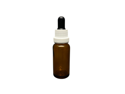 20ml - Amber Damlalıklı Cam Şişe - Kilitli Beyaz Kapak - Siyah Lastik