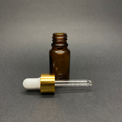 10ml - Amber Damlalıklı Cam Şişe - Altın Metal Kapak - Beyaz Lastik