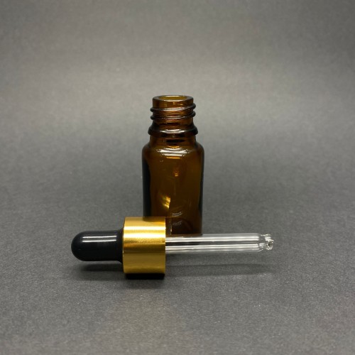 10ml - Amber Damlalıklı Cam Şişe - Altın Metal Kapak - Siyah Lastik