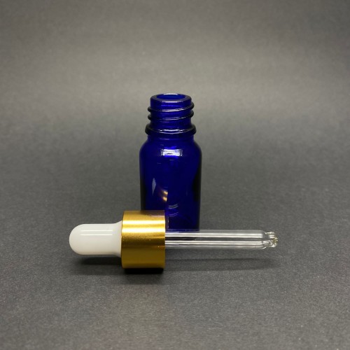 10ml - Mavi Damlalıklı Cam Şişe - Altın Metal Kapak - Beyaz Lastik