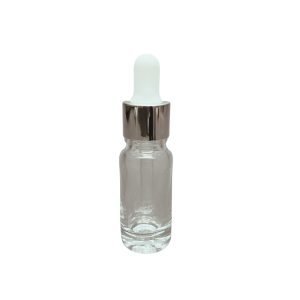 10ml - Şeffaf Damlalıklı Cam Şişe - Gümüş Metal Kapak - Beyaz Lastik