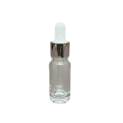 10ml - Şeffaf Damlalıklı Cam Şişe - Gümüş Metal Kapak - Beyaz Lastik