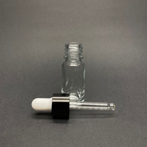 10ml - Şeffaf Damlalıklı Cam Şişe - Siyah Metal Kapak - Beyaz Lastik