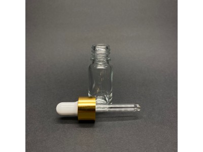 10ml - Şeffaf Damlalıklı Cam Şişe - Altın Metal Kapak - Beyaz Lastik