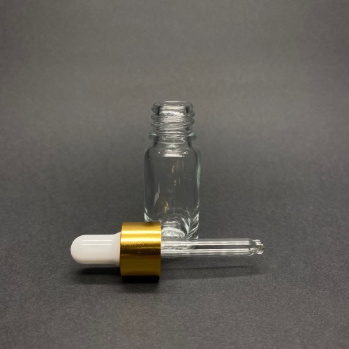 10ml - Şeffaf Damlalıklı Cam Şişe - Altın Metal Kapak - Beyaz Lastik