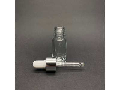 10ml - Şeffaf Damlalıklı Cam Şişe - Gümüş Metal Kapak - Beyaz Lastik
