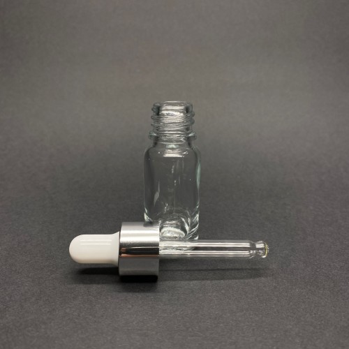 10ml - Şeffaf Damlalıklı Cam Şişe - Gümüş Metal Kapak - Beyaz Lastik