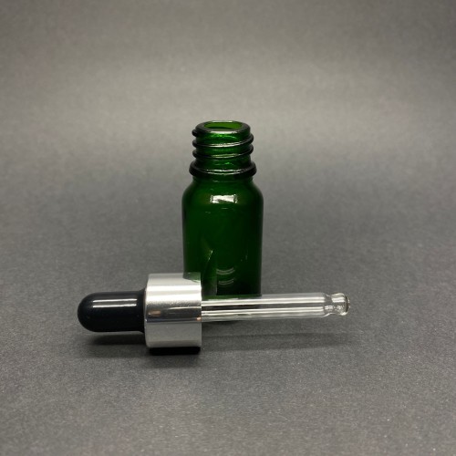 10ml - Yeşil Damlalıklı Cam Şişe - Gümüş Metal Kapak - Siyah Lastik